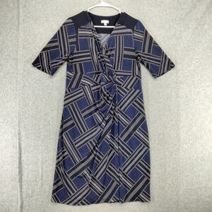 Pea in thePod Maternity Dress Wmns Sz L Navy Blue White Weave Pattern 3/4 Sleeve